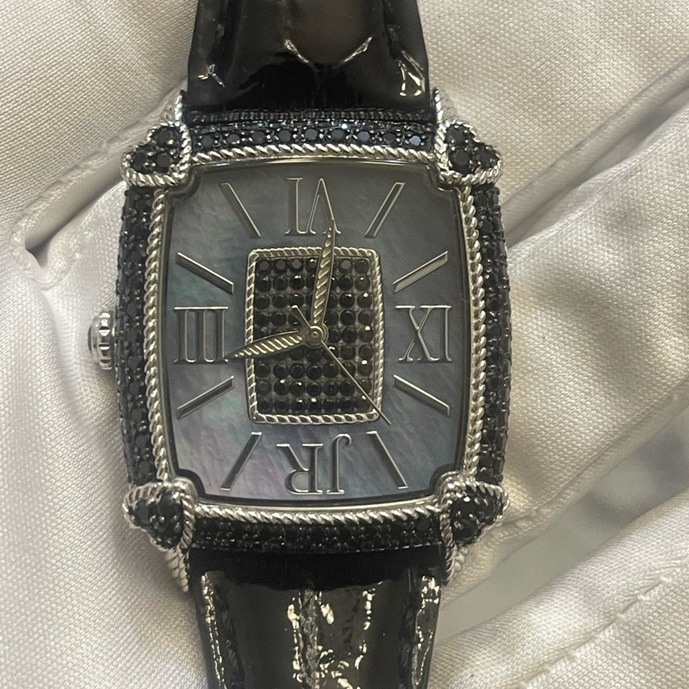 Judith Ripka Stainless Steel Watch with Black Mother of Pearl Dial and Black